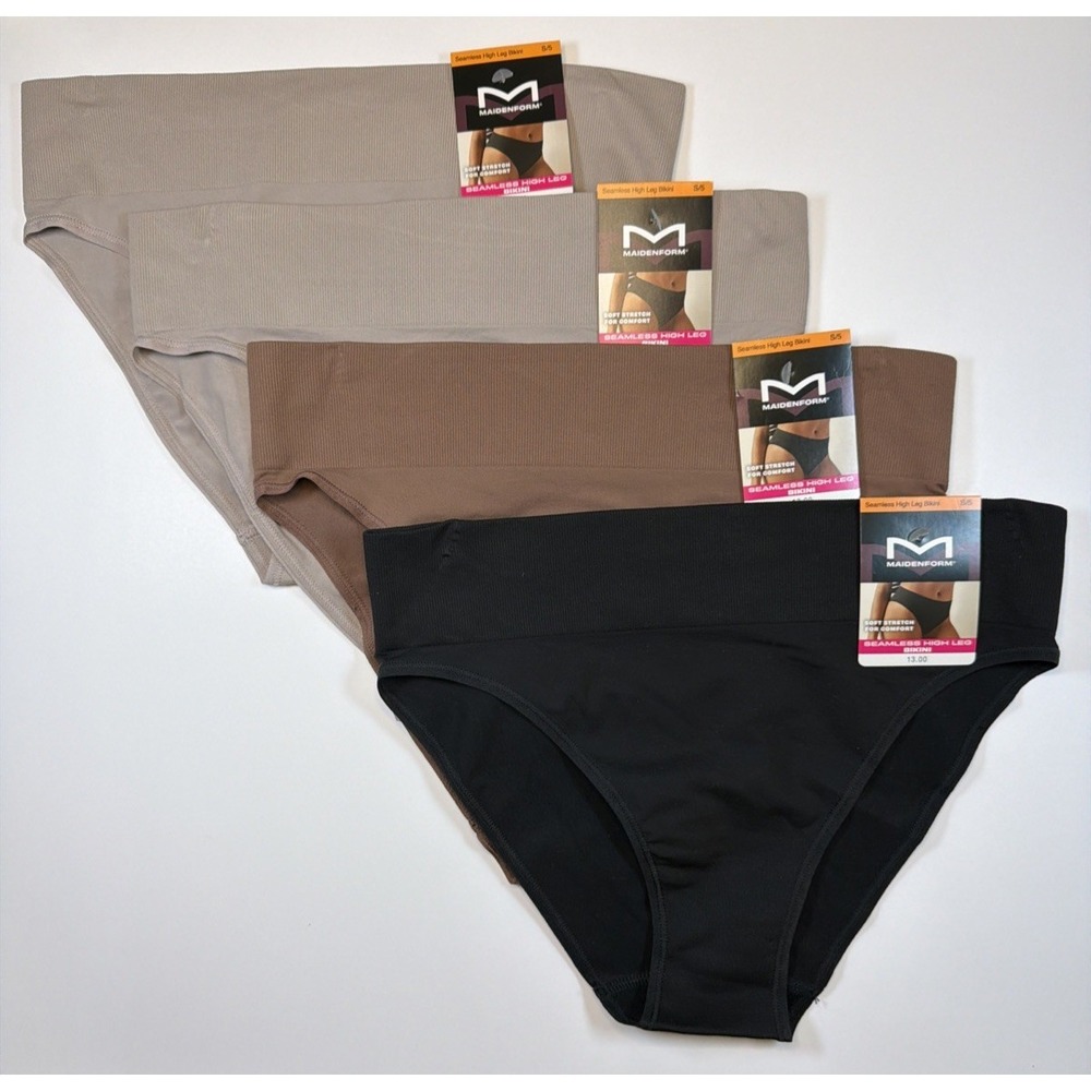 Maidenform Seamless High Leg Bikini Panty Small/5 Tan Brown Black 4 Pack DM2317